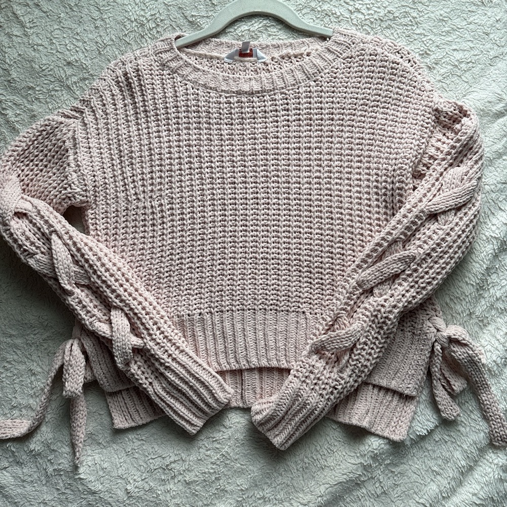 Women's Pink Knit Sweater with Lace-Up Sleeves